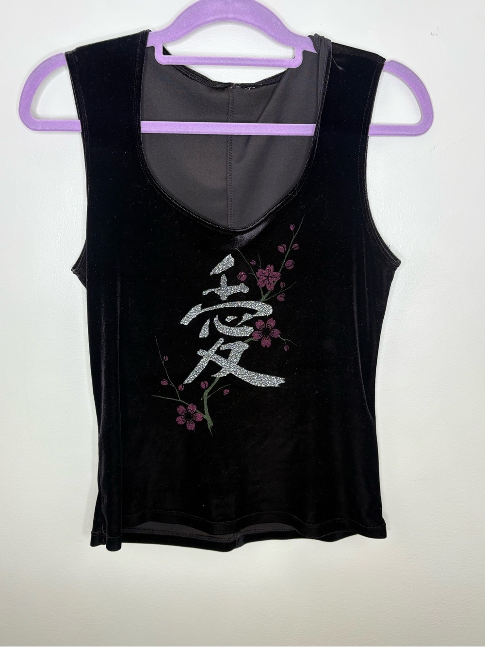 Black Sleeveless Velvet Tank Top with Silver Kanji & Pink Floral Accent - Picture 4 of 4